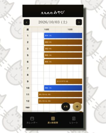 炭火焼肉みやび WEBアプリ 席×時間帯の予約画面（スマホ）